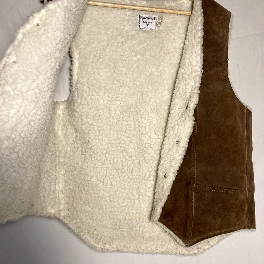 Mens Vintage STEER BRAND Suede Leather Sherpa Vest - Brown Size L Made in USA - Picture 3 of 16